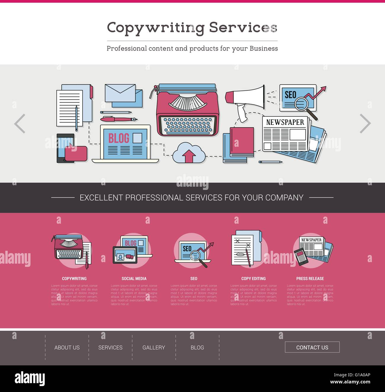 Copywriting und Bearbeiten von Web Templates, Seo, Publishing und Inhalt schriftlich Konzept Stock Vektor