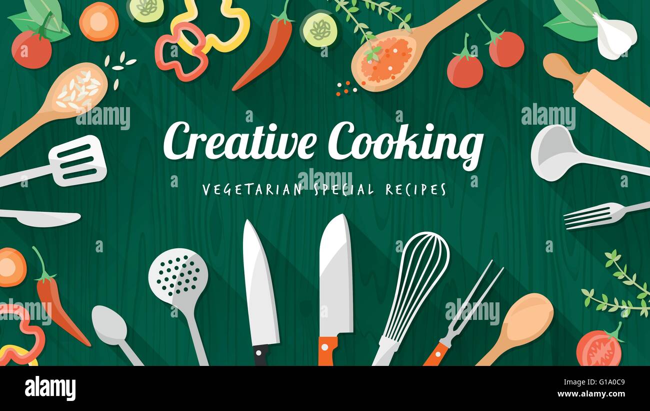 Vegetarische und vegane Lebensmittel Rezepte Banner mit Küchenutensilien, Geschirr und gehackte Gemüse Exemplar im center Stock Vektor