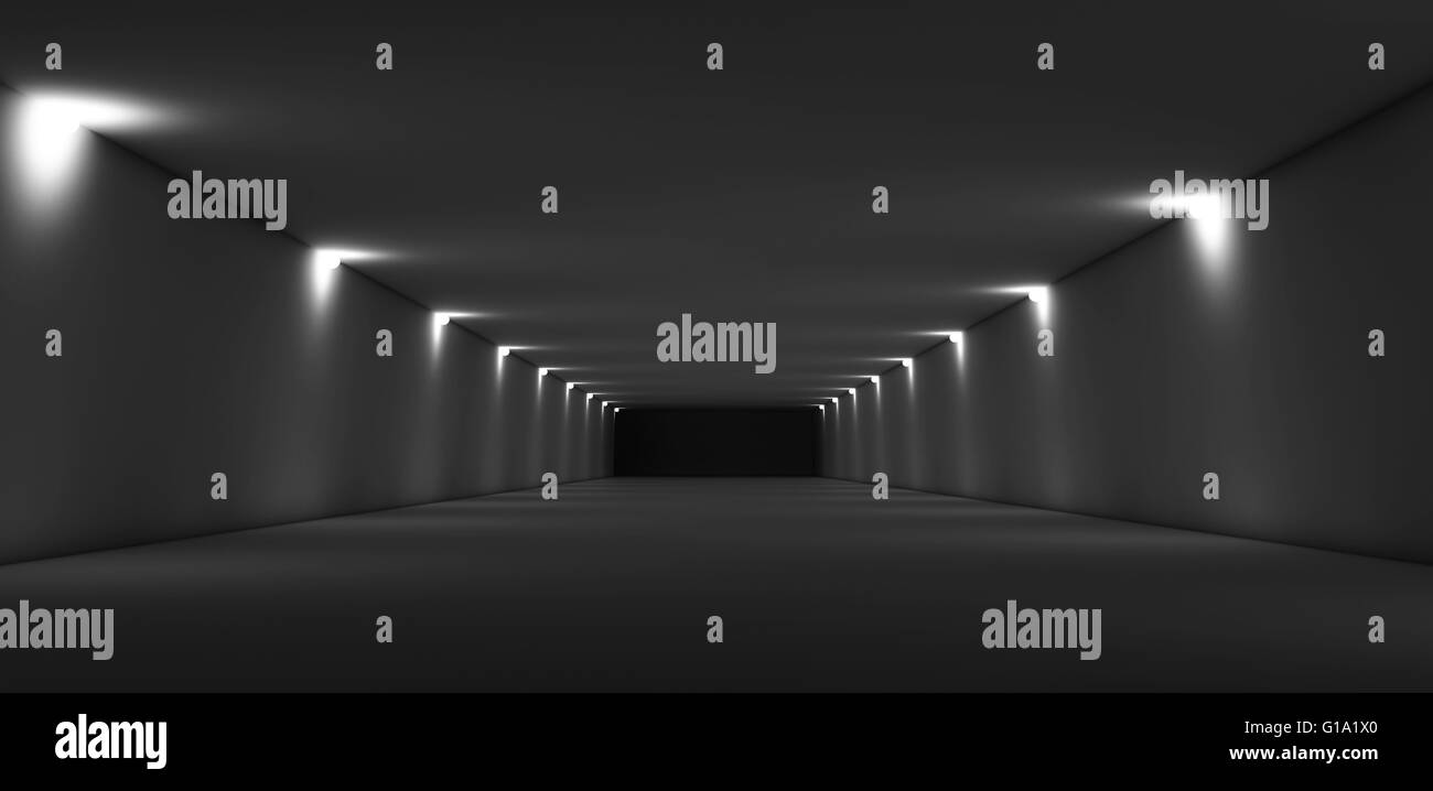 Abstrakte lange dunkle Leere Tunnel Innenbeleuchtung mit Spot Beleuchtung. Digitale 3d Render-illustration Stockfoto