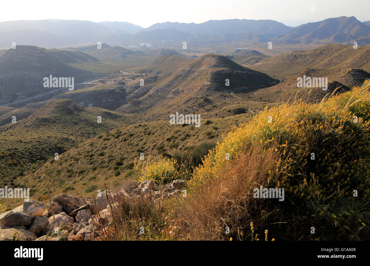 Blick nach Westen ins Landesinnere über Tal Rodalquilar, Naturpark Cabo de Gata, Almeria, Spanien Stockfoto