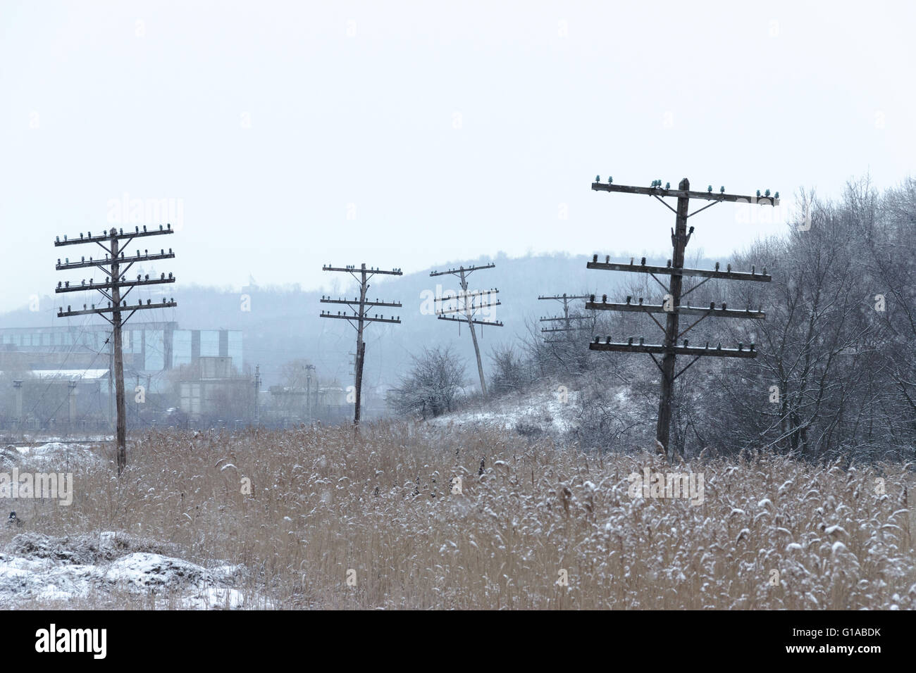 verlassene alte Holz Pylon auf dem Gebiet in Rumänien in der Nähe von Iasi Stockfoto