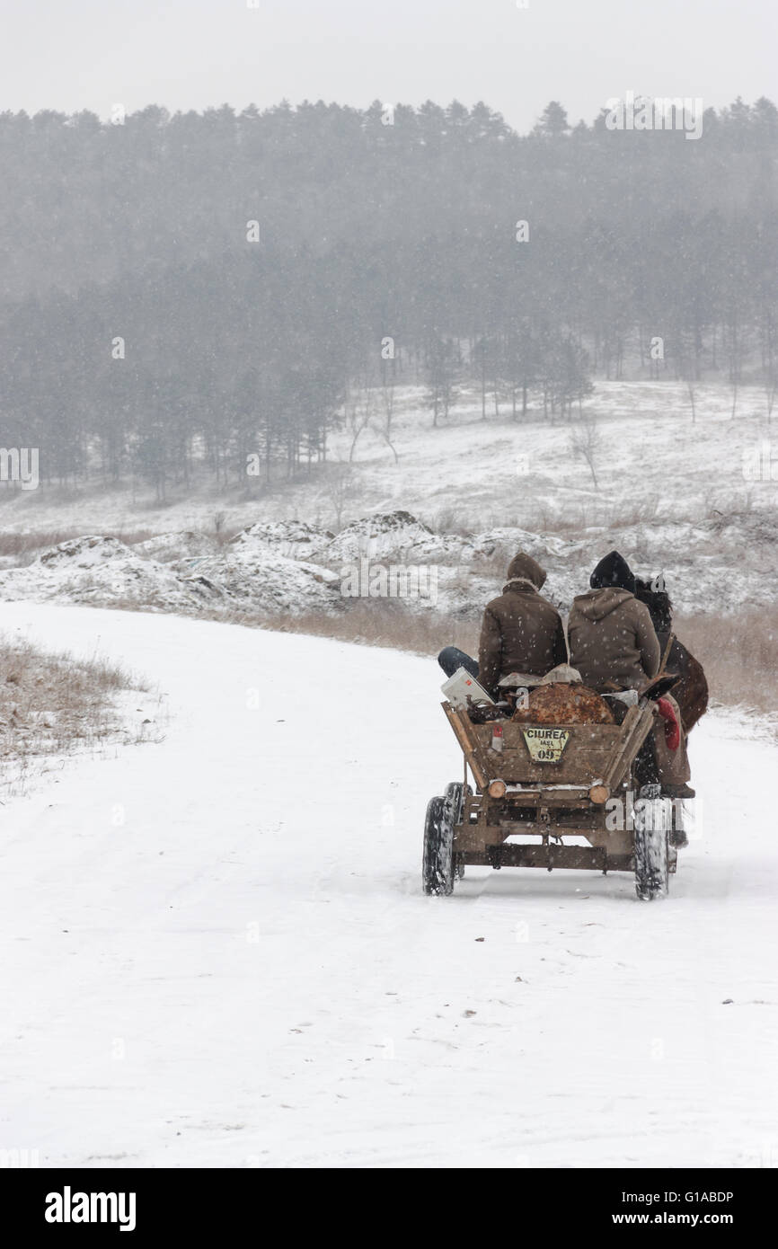 Leute mit einem Pferdewagen auf einer verschneiten Landstraße in Ciurea in der Nähe von Iasi, Rumänien Stockfoto