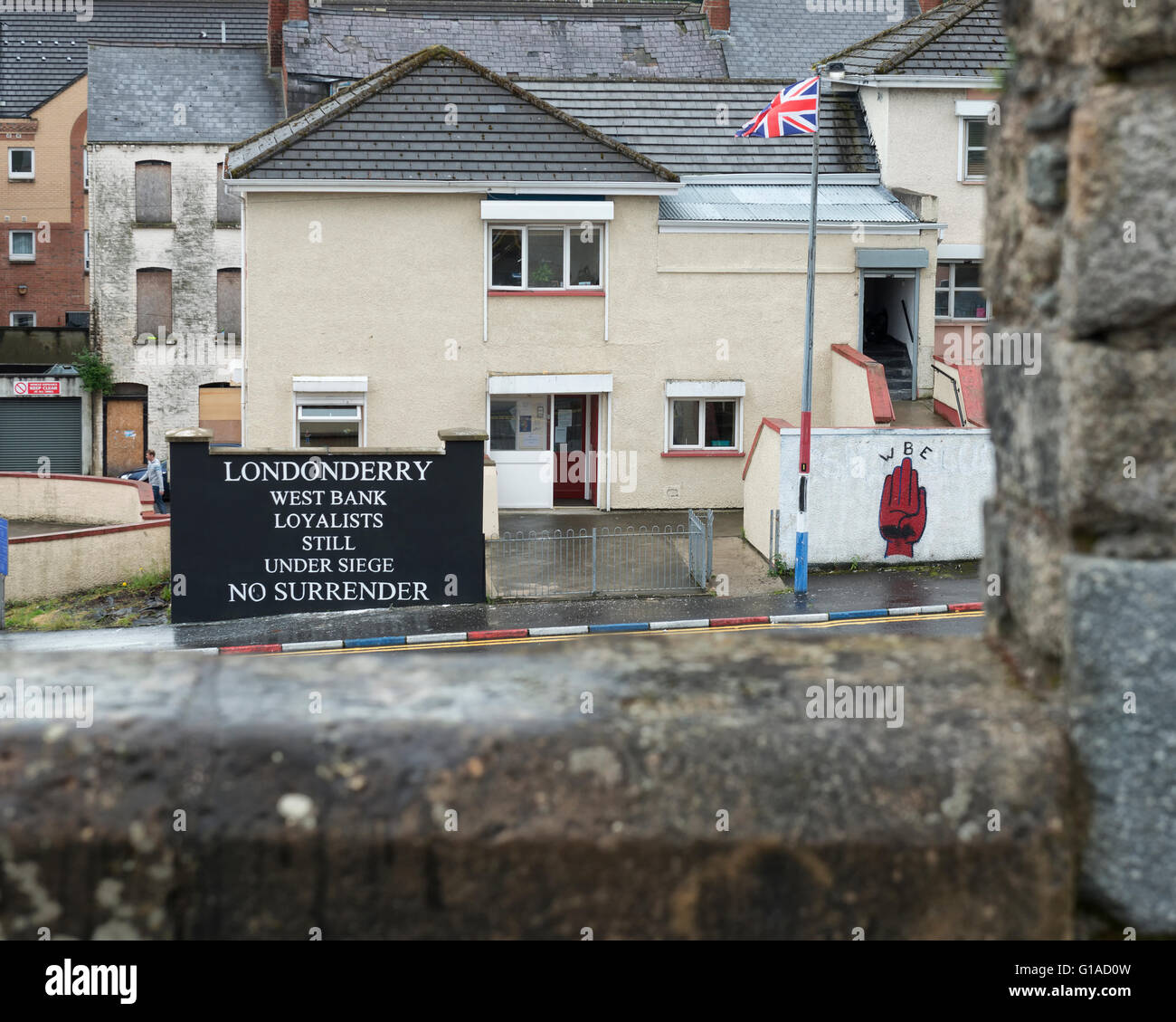 West Bank gesehen von der Stadtmauer. Derry Londonderry. Nordirland. UK. Europeprotest Stockfoto
