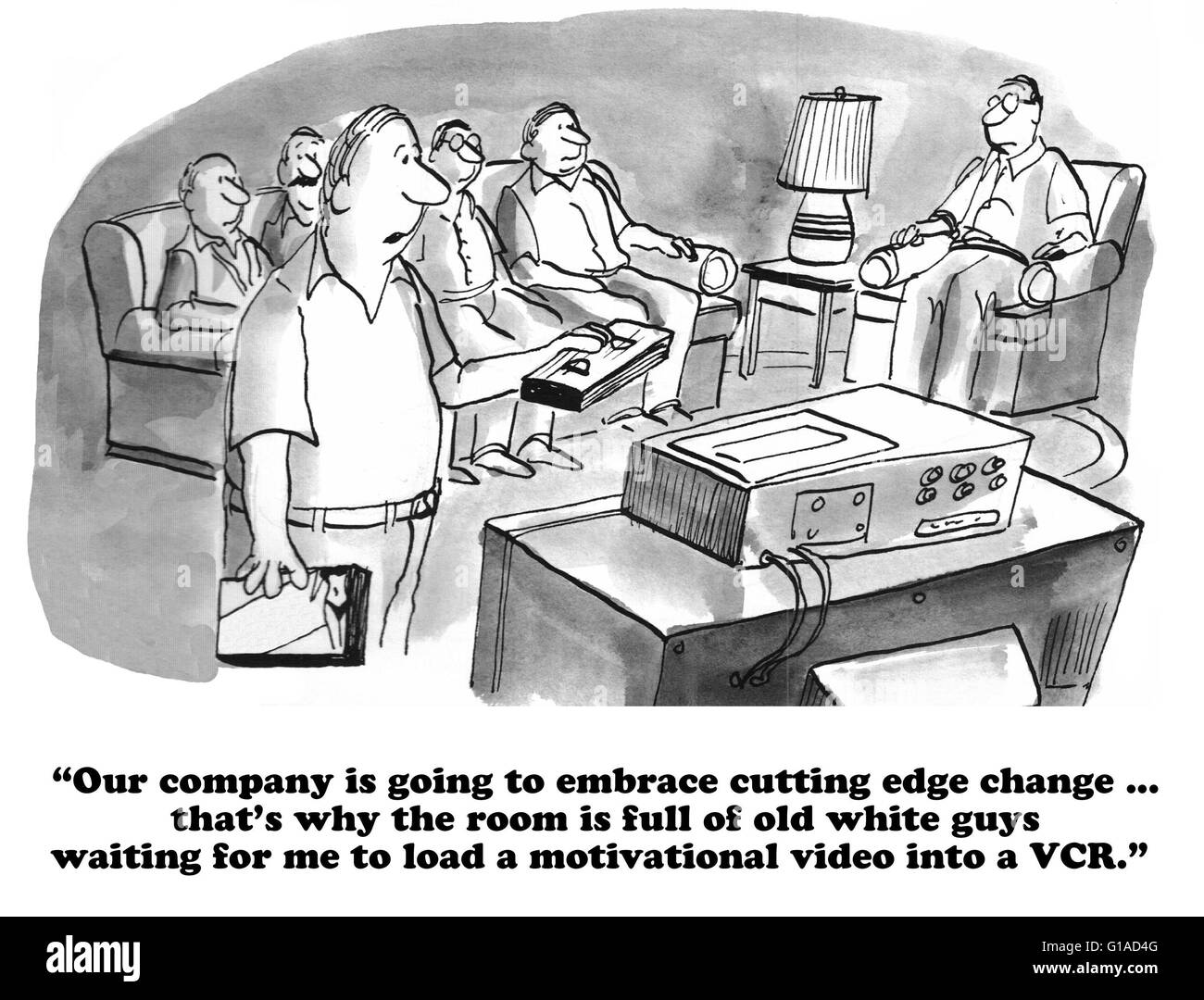 Geschäftliche Cartoon über alte weiße Jungs Angst vor Veränderungen. Stockfoto