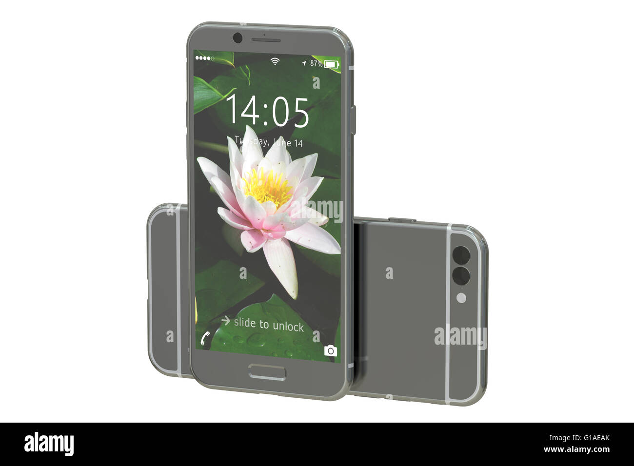 modernen Smartphone Vorder- und Rückansicht, 3D-Rendering isolierten auf weißen Hintergrund Stockfoto