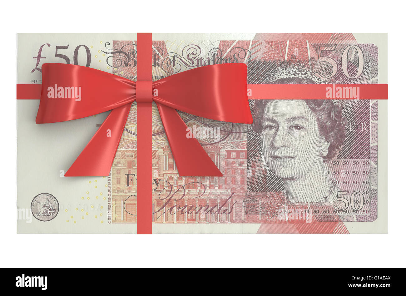 Packung mit 50 Pfund Sterling Banknoten mit roter Schleife, Geschenk-Konzept. 3D-Rendering Stockfoto