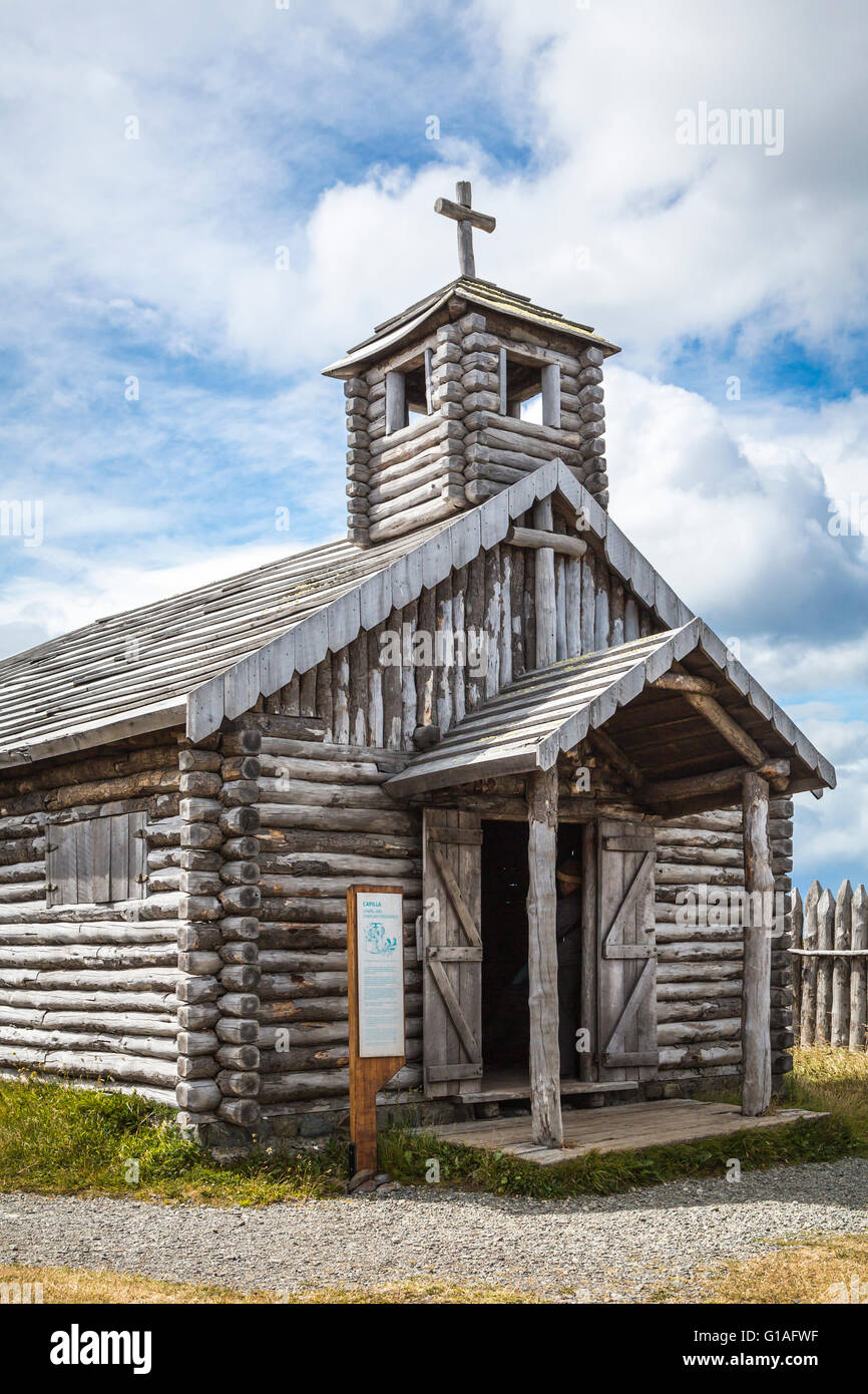 Das historische Kirchengebäude auf Fuerte Bulnes auf die Straße von Magellan in der Nähe von Punta Arenas, Chile, Südamerika. Stockfoto