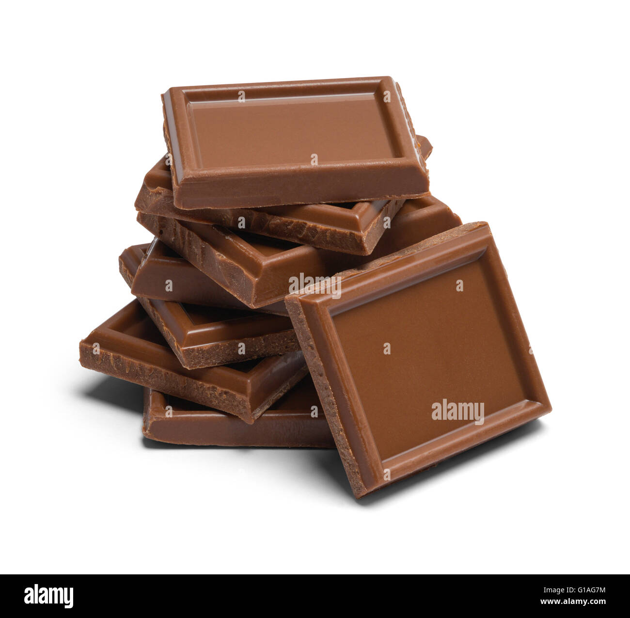 Schokoladenstücke in einem Haufen, Isolated on White Background. Stockfoto