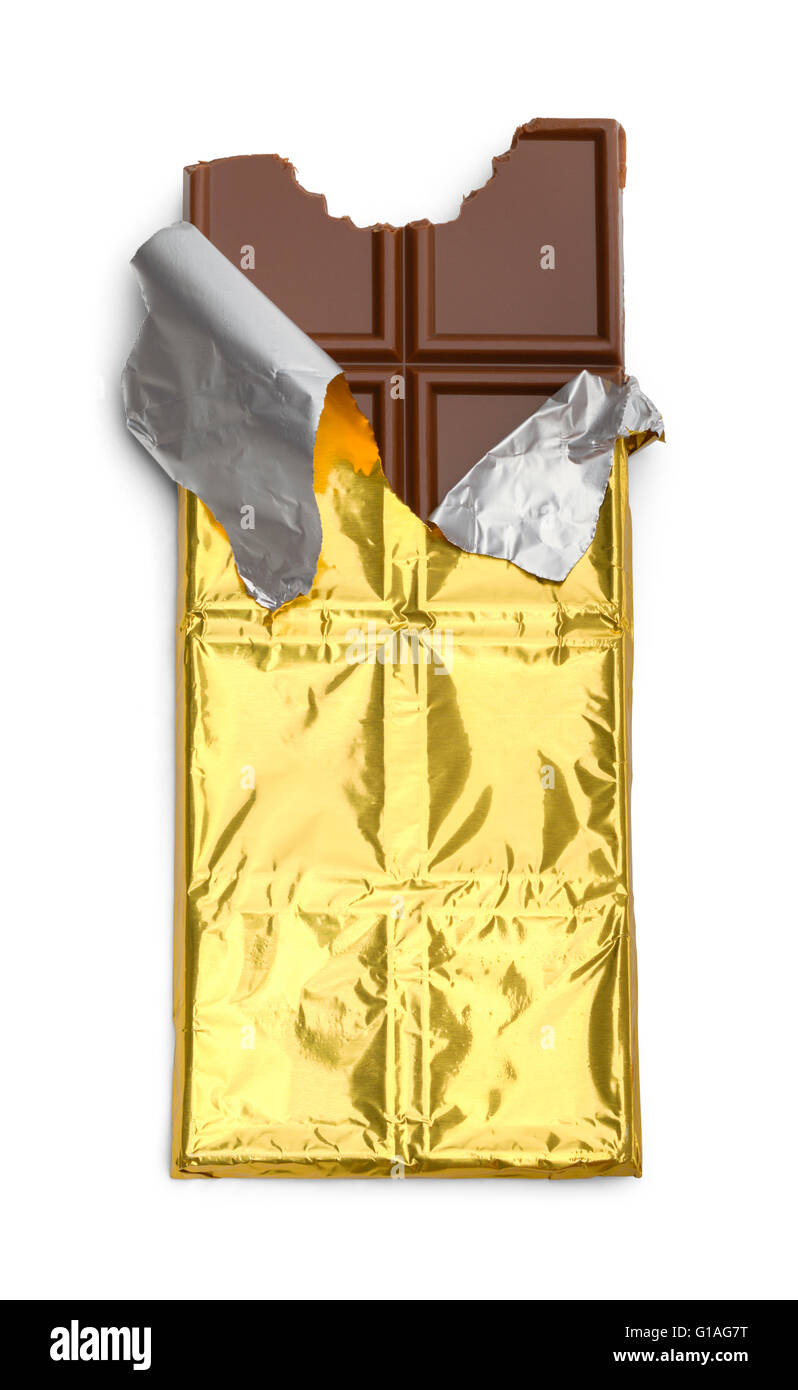 Zerrissene Open-Schokoriegel mit Biss, Isolated on White Background. Stockfoto