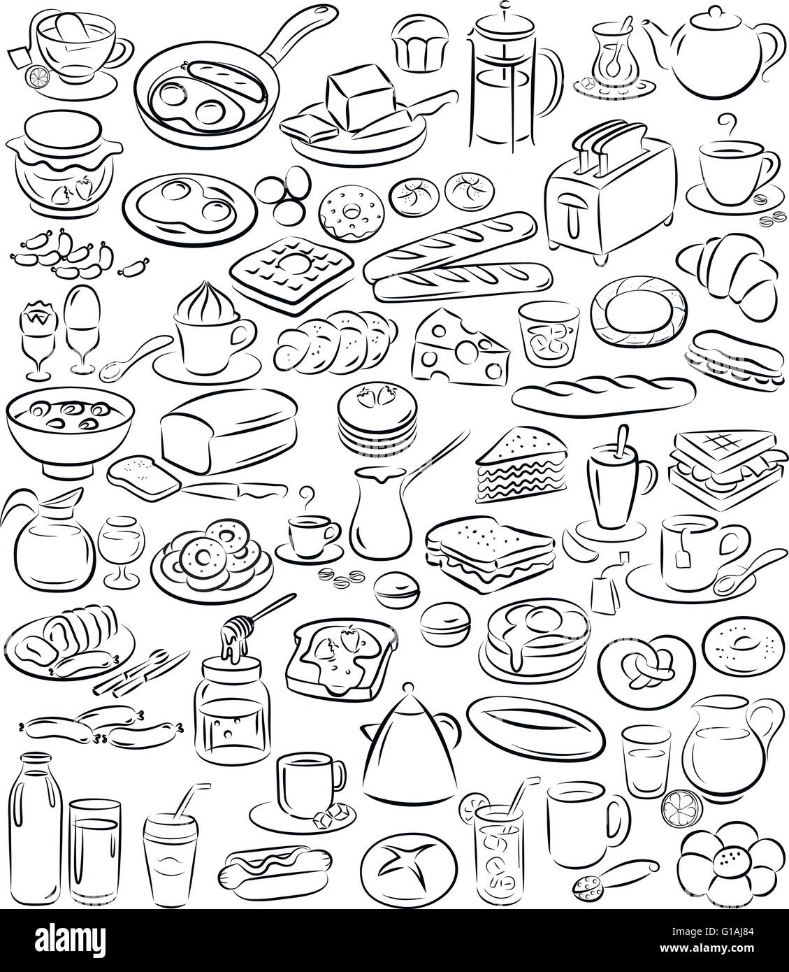 Vektor-Illustration der Frühstück-Icon-Sammlung im Linienmodus Kunst Stock Vektor