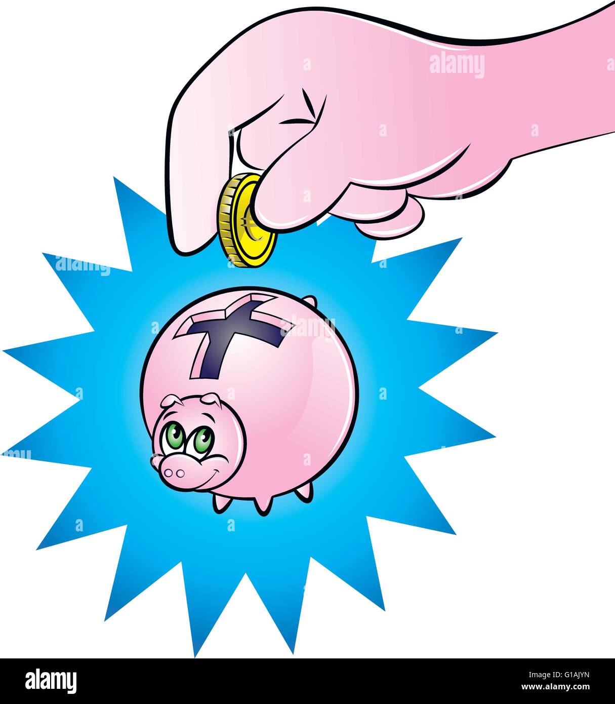 Vektor-Illustration einer Hand eine Euro-Münze in ein Sparschwein mit Plus-Zeichen einfügen Stock Vektor