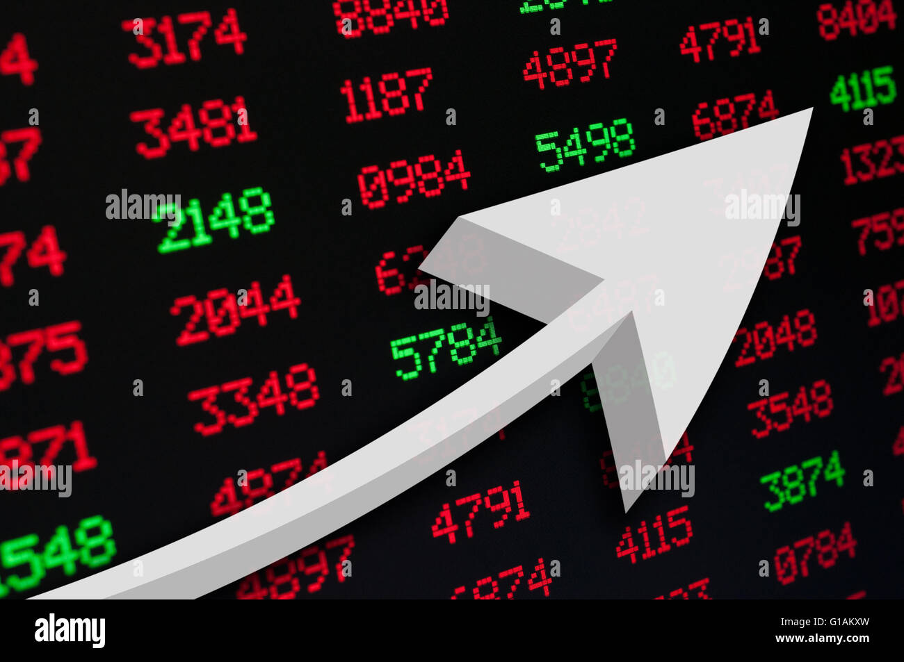 Börse - ein Pfeil auf Hintergrund der roten und grünen Figuren Stockfoto