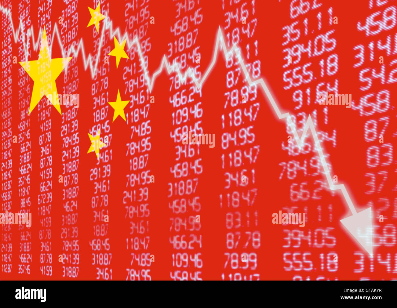 Chinesischen Aktienmarkt - Pfeil Diagramm hinunter auf rote chinesische Flagge Stockfoto