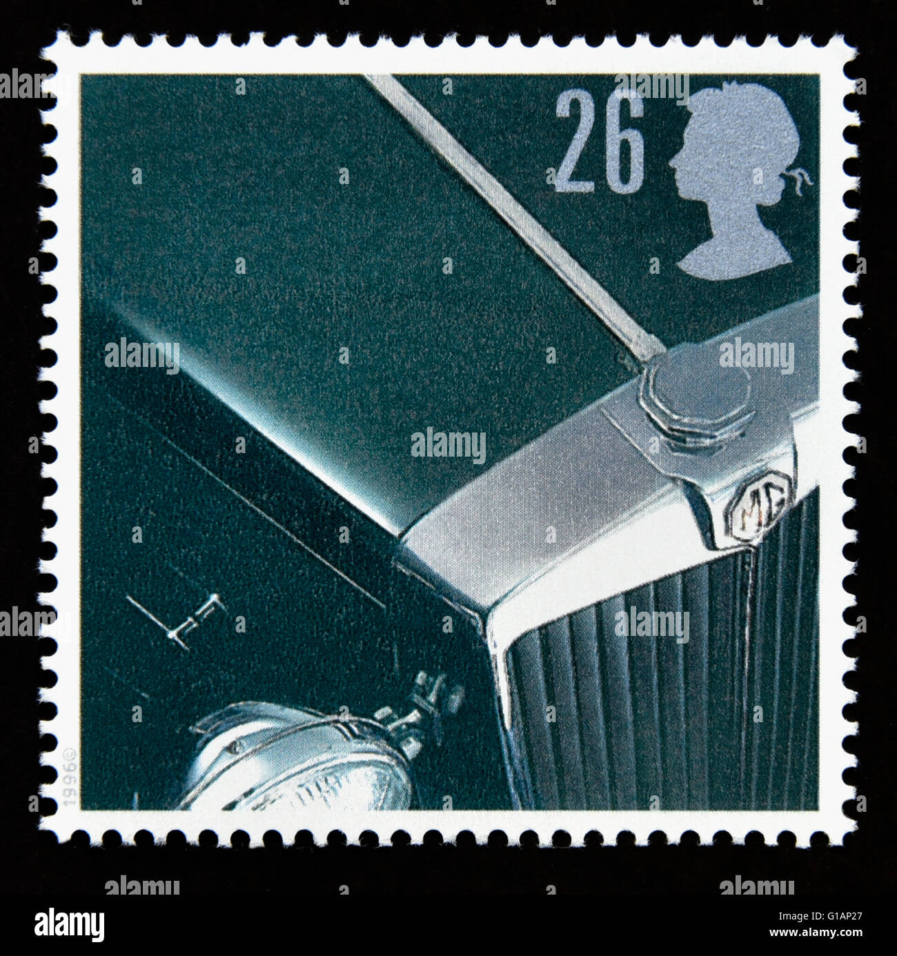 Briefmarke. Great Britain. Königin Elizabeth II. 1996. klassische Sportwagen. MG TD. 26p. Stockfoto