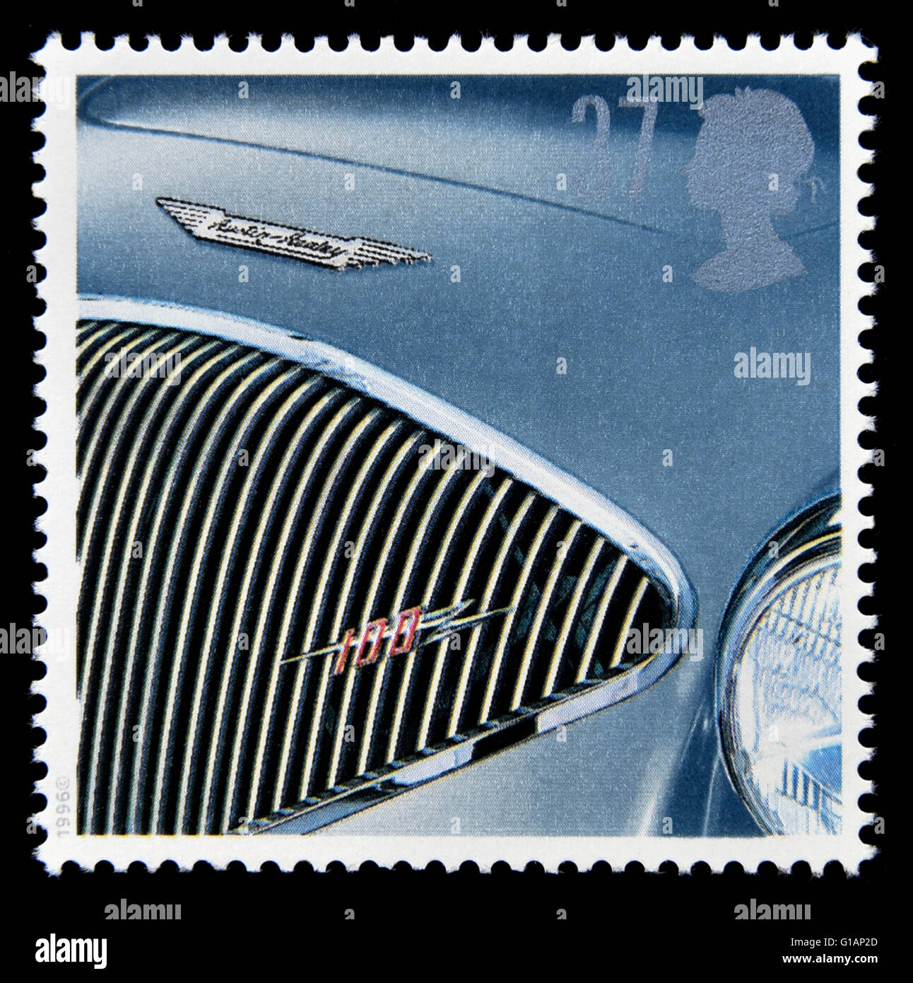 Briefmarke. Great Britain. Königin Elizabeth II. 1996. klassische Sportwagen. Austin-Healey 100. 37p. Stockfoto