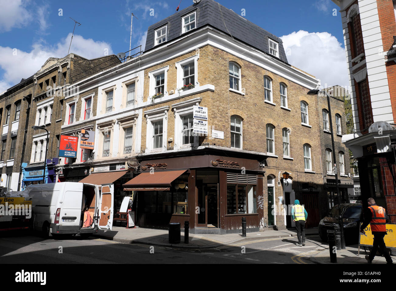 Für lassen Verkaufsschild auf Silvios Sandwich Bar an der Ecke von Leonard und Ravey Street in Shoreditch East London UK KATHY DEWITT Stockfoto