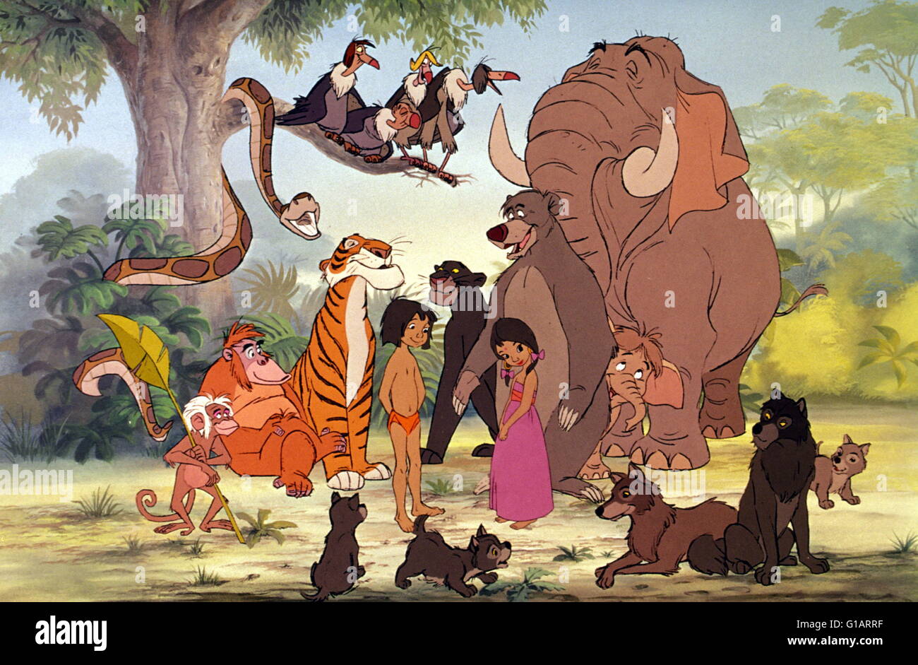 Datum der Freigabe: 18. Oktober 1967 Direktor: Wolfgang Reitherman STUDIO: Walt Disney Productions PLOT: Disney Animation inspiriert von Rudyard Kiplings "Mowgli" Geschichte. Mogli ist ein Junge, der von Wölfen im indischen Dschungel angesprochen wurde. Wenn die Wölfe zu hören, dass die heftigen Tiger Shere Kahn, in der Nähe ist, beschließen sie, Mowgli zu einem lokalen "Mann Stamm" zu senden. Mowgli trifft auf seinem Weg in das Dorf viele tierische Charaktere in diesem musikalischen Märchen. Als Shere Kahn Moglis Präsenz erfährt, er spürt ihn Bild: Stimmen Phil Harris, Sebastian Cabot, Louis Prima (Credit Bild: C Walt Disney Productions/Ente Stockfoto