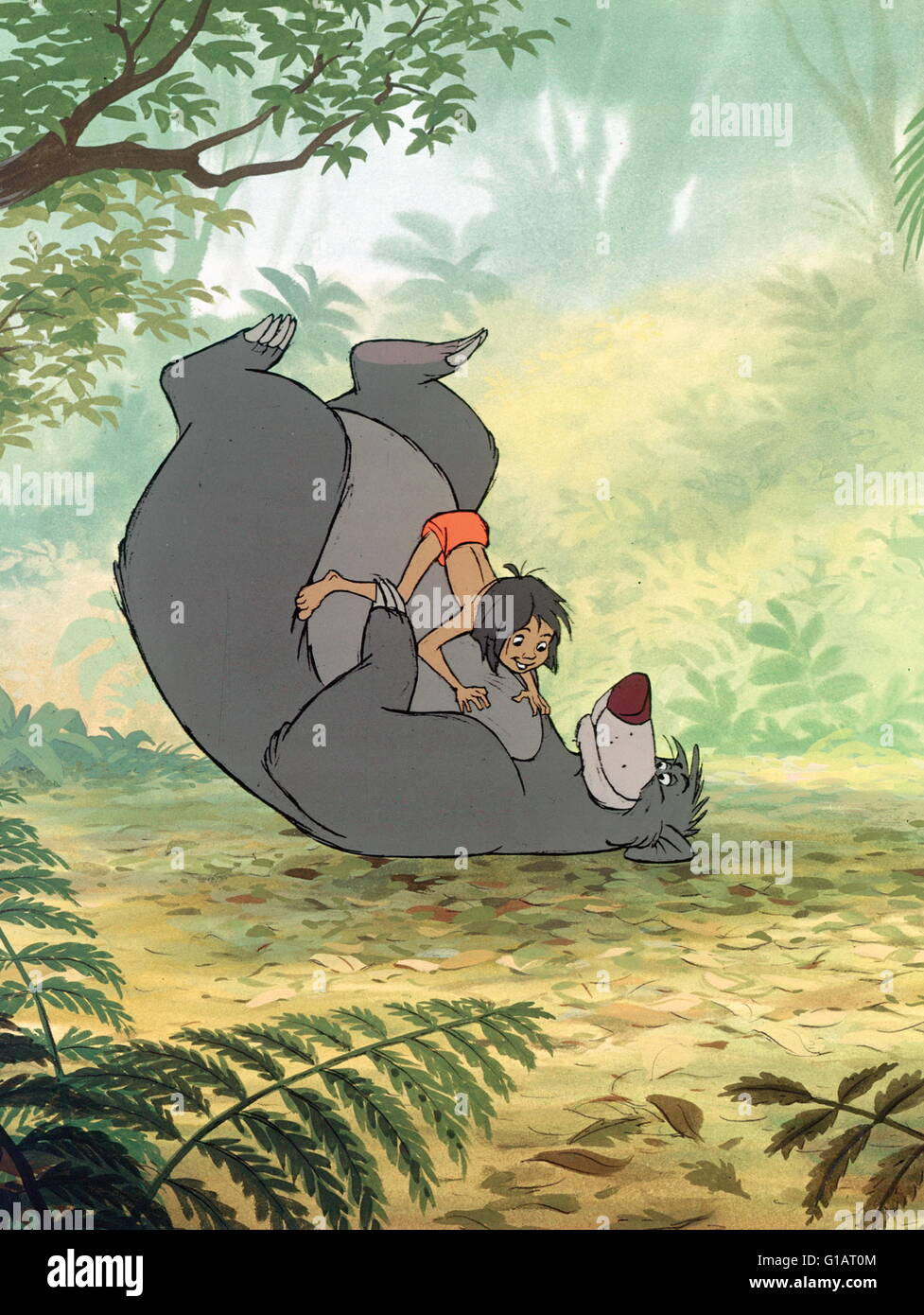 Datum der Freigabe: 18. Oktober 1967 Direktor: Wolfgang Reitherman STUDIO: Walt Disney Productions PLOT: Disney Animation inspiriert von Rudyard Kiplings "Mowgli" Geschichte. Mogli ist ein Junge, der von Wölfen im indischen Dschungel angesprochen wurde. Wenn die Wölfe zu hören, dass die heftigen Tiger Shere Kahn, in der Nähe ist, beschließen sie, Mowgli zu einem lokalen "Mann Stamm" zu senden. Mowgli trifft auf seinem Weg in das Dorf viele tierische Charaktere in diesem musikalischen Märchen. Als Shere Kahn Moglis Präsenz erfährt, er spürt ihn Bild: Stimmen Phil Harris, Sebastian Cabot, Louis Prima (Credit Bild: C Walt Disney Productions/Ente Stockfoto