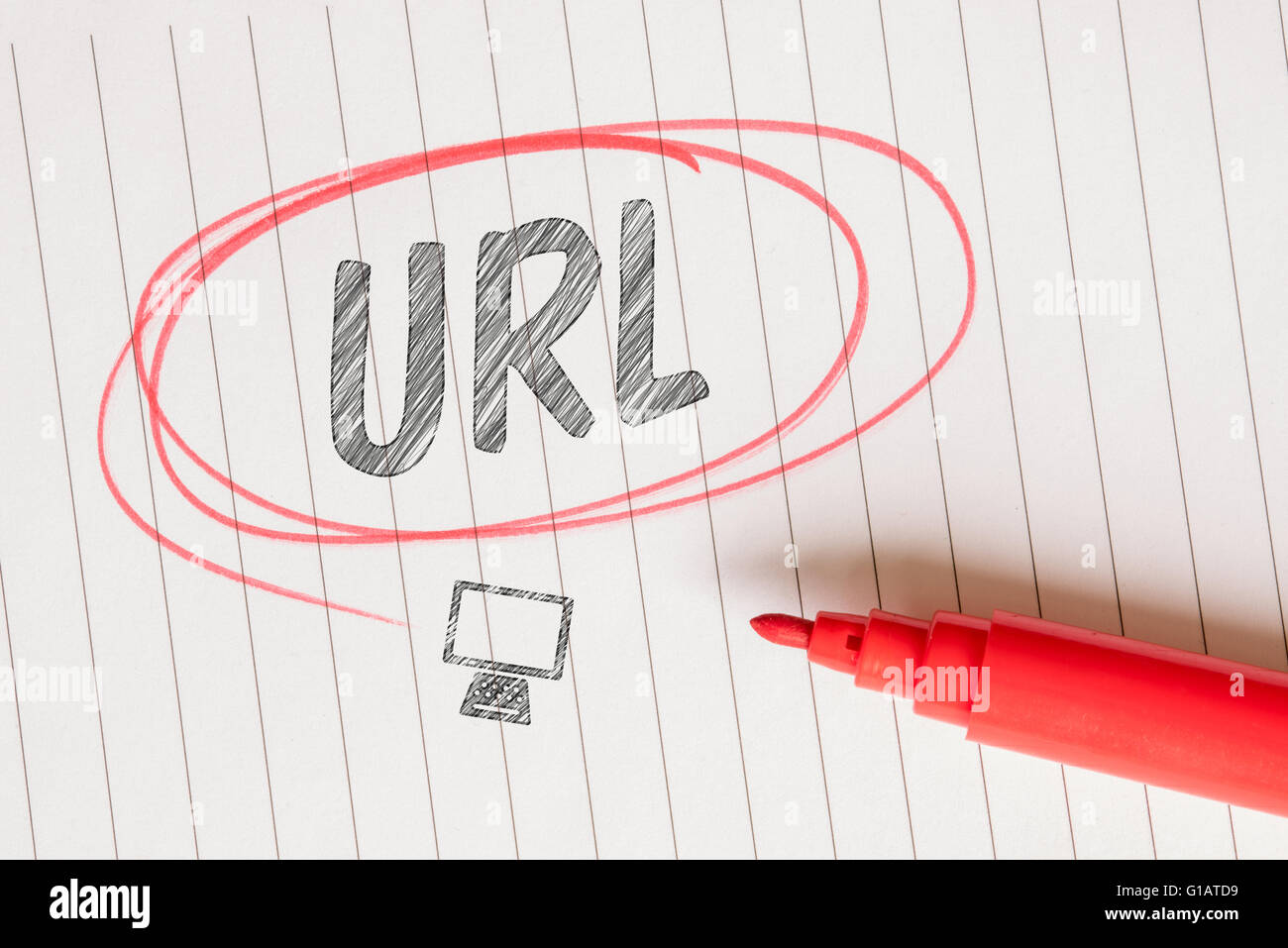 URL-Text Skizzieren auf lineare Papier mit einem roten Pinsel Stockfoto
