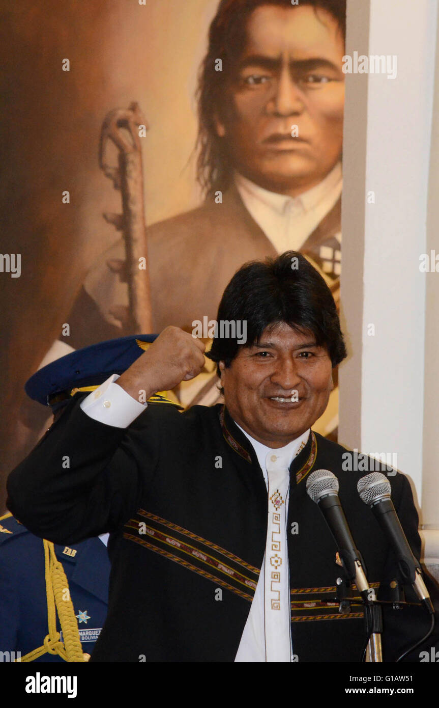 La Paz, Bolivien. 11. Mai 2016. Boliviens Präsident Evo Morales hält eine Rede in der Verkündung des nationalen Sportrechts im Regierungspalast in La Paz, Bolivien, am 11. Mai 2016. © Jose Lirauze/ABI/Xinhua/Alamy Live-Nachrichten Stockfoto