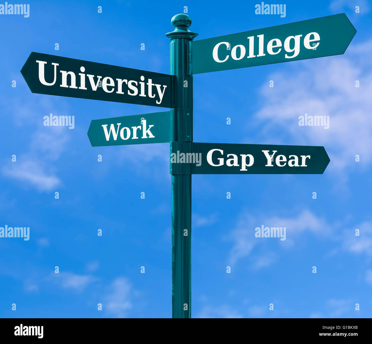 Anmelden Übersicht Schulabgänger Optionen zwischen Universität, Studium, Beruf zu wählen und sich eine Lücke. Stockfoto
