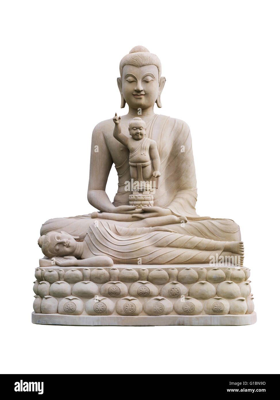 drei Sandstein Buddha meditieren, schlafen, sitzen auf dem Schoß. Sandstein Buddha meditieren, schlafen, sitzen auf dem Schoß. Stockfoto