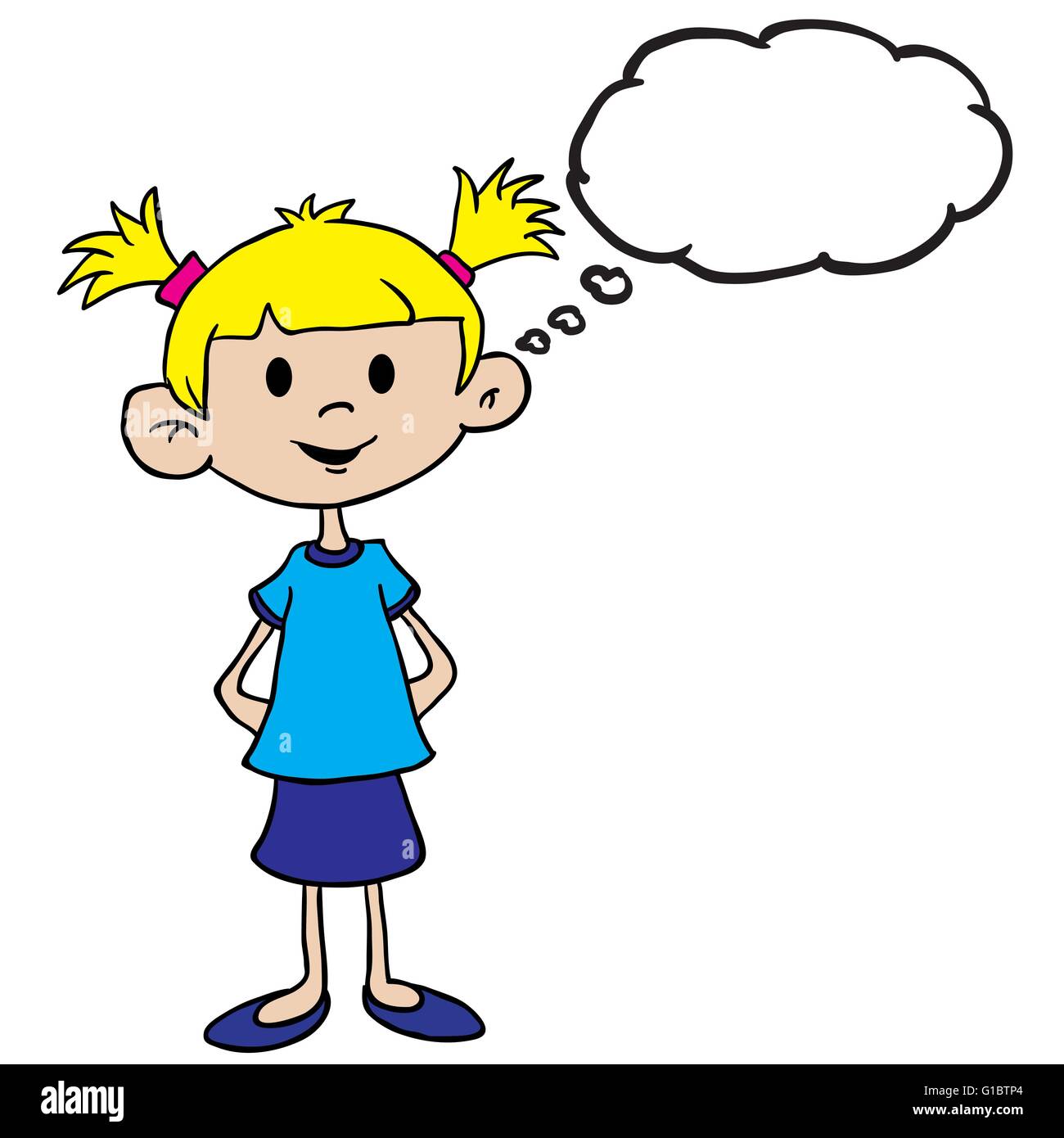 kleines Mädchen im blauen Kleid mit Gedanken Bubble cartoon Stock Vektor