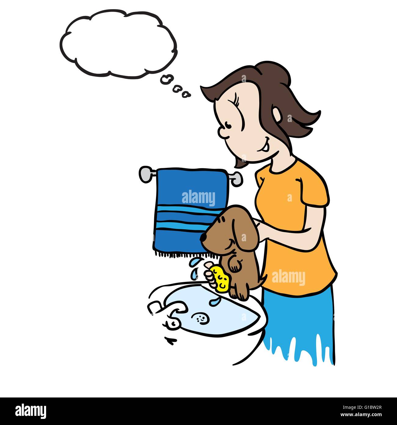 Mutter mit Gedankenblase waschen einen Hund cartoon Stock Vektor