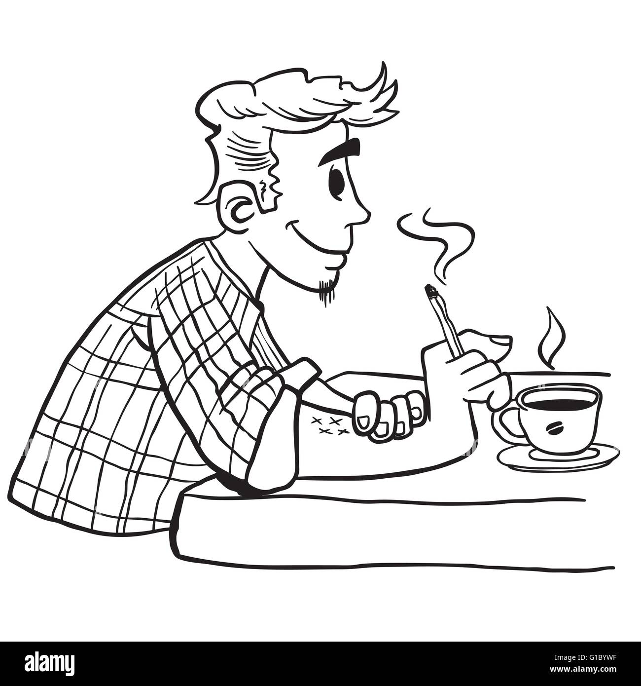 einfache schwarze und weiße Mann Rauchen cartoon Stock Vektor