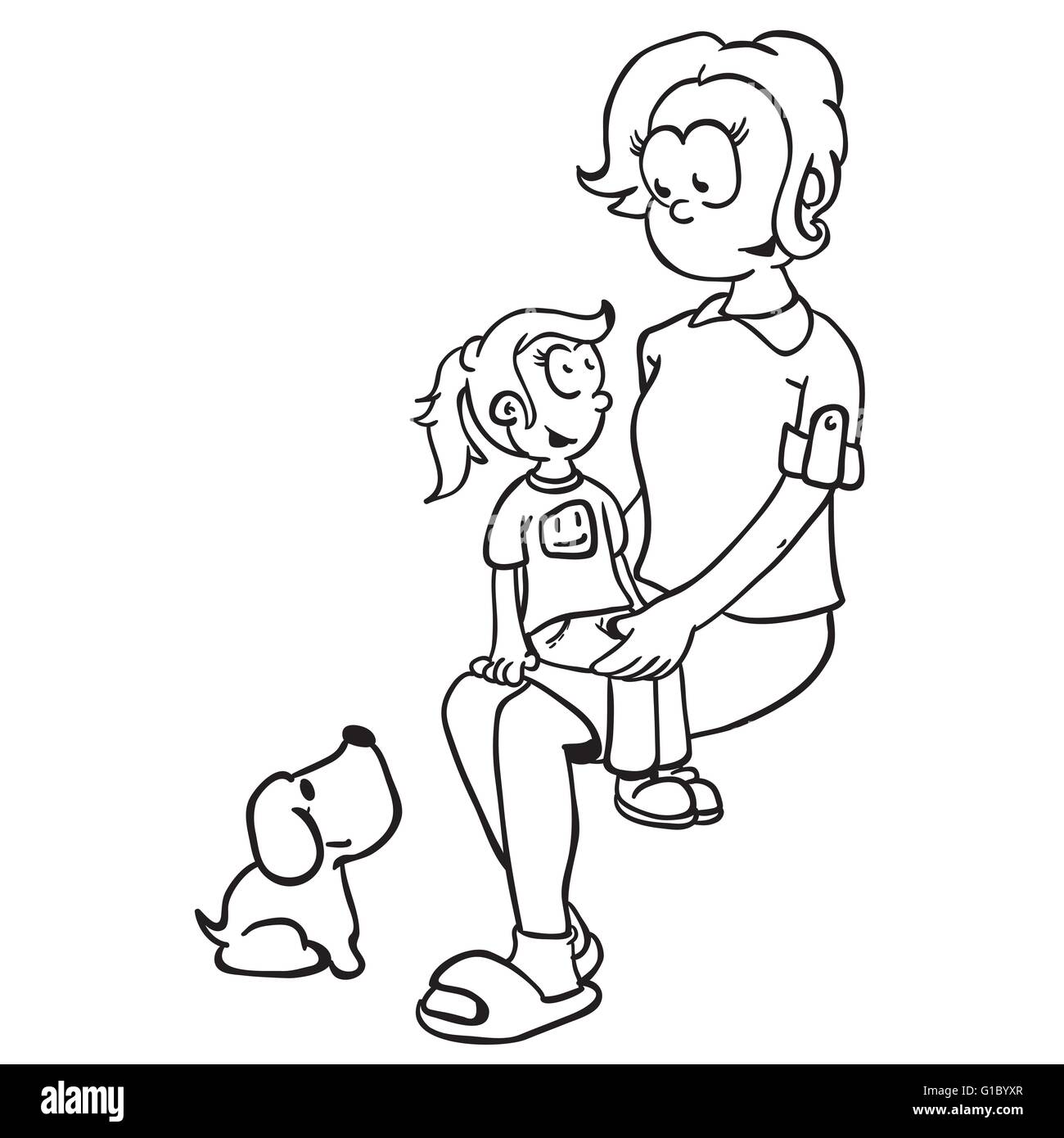 einfache Schwarz-weiß, Mutter, Mädchen und Hund cartoon Stock Vektor