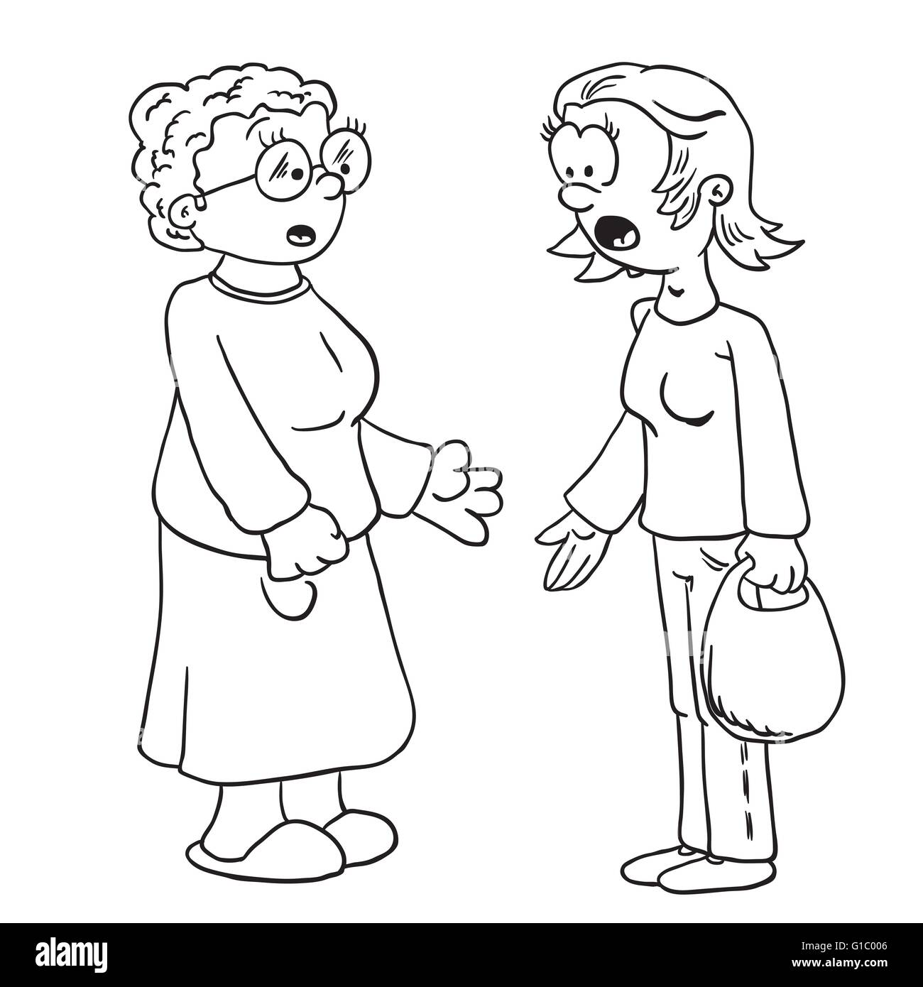 einfache Schwarz-weiß Mutter und Großmutter sprechen cartoon Stock Vektor