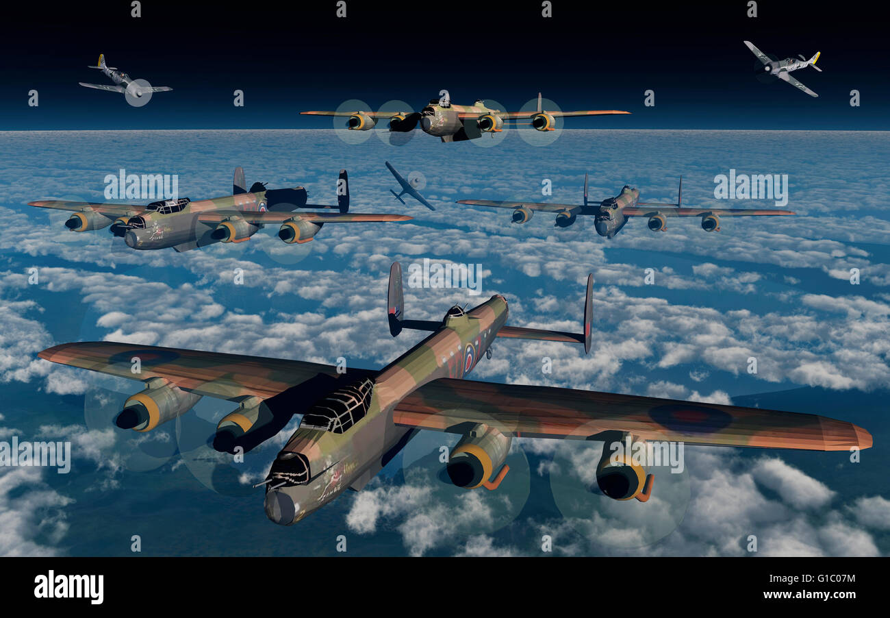 Deutsche FW 190 Kämpfer RAF Lancaster-Bomber angreifen Stockfoto