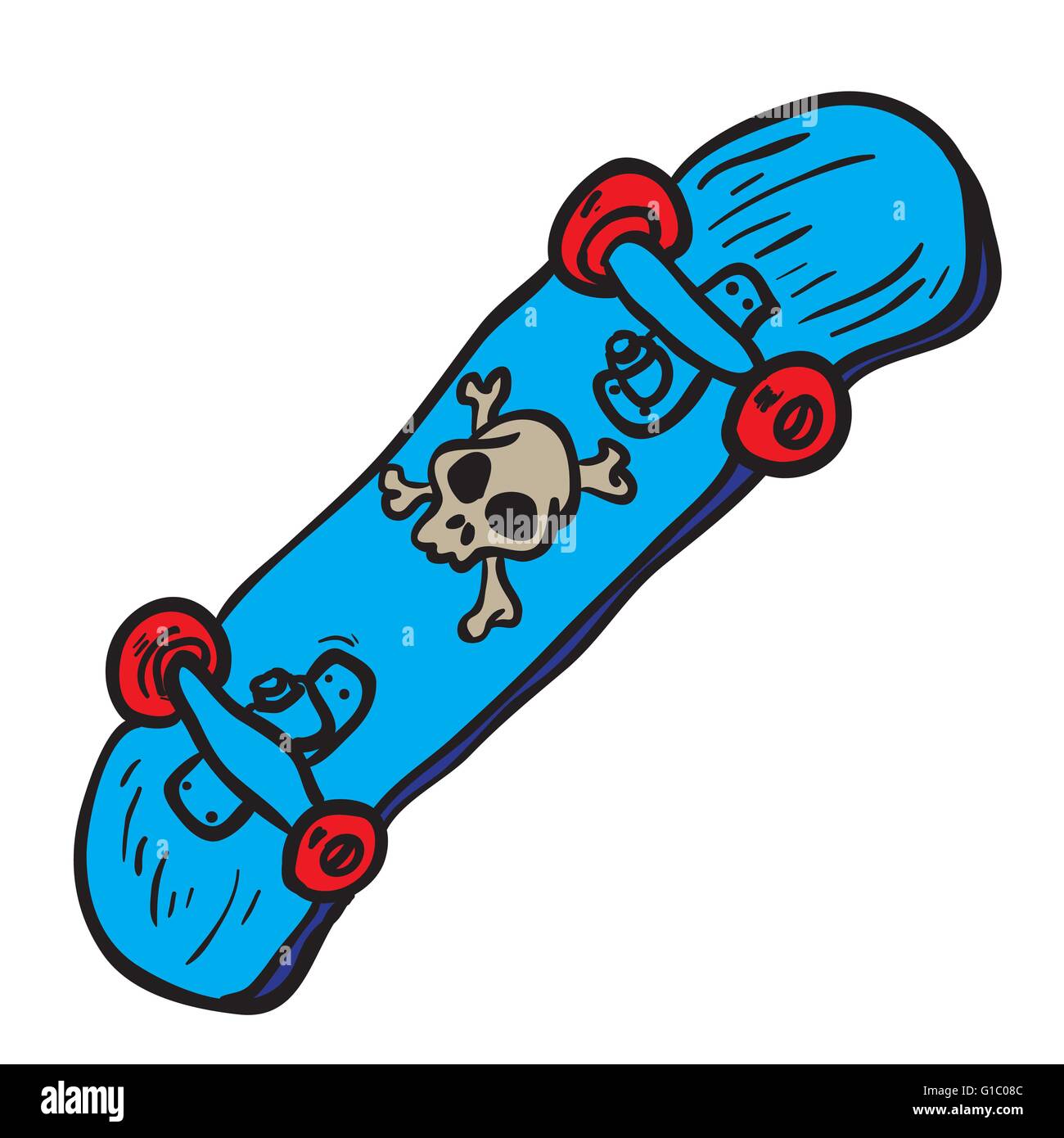 blaue Skateboard mit Schädel Cartoon doodle Stock Vektor