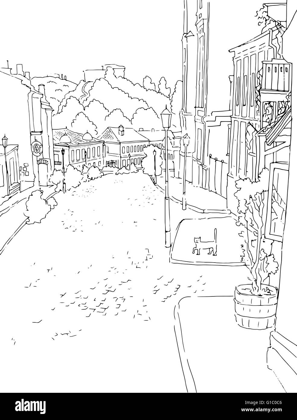 Vektor-Monochrom skizzieren Stadt Stadt Stadtlandschaft von der alten Straße. St. Andrew s in Kiew Ukraine Stock Vektor