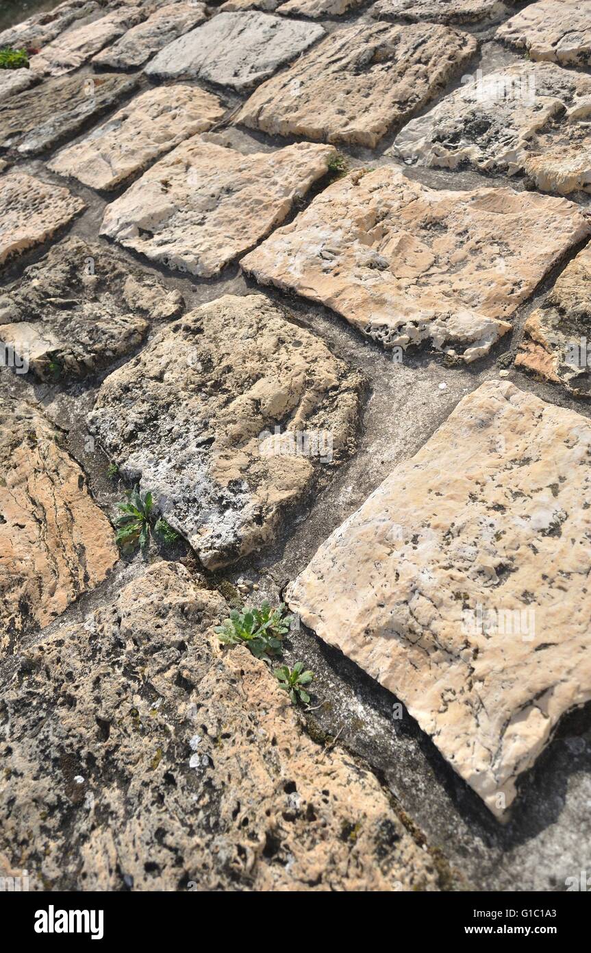 Stein-Pflaster im Detail und in der Perspektive. Vertikales Bild Stockfoto