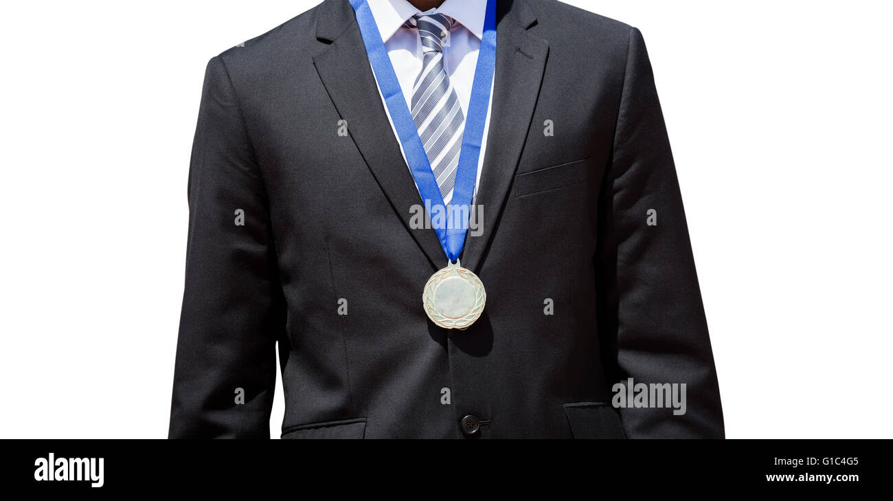 Nahaufnahme von Geschäftsmann Brust mit Medaille Stockfoto