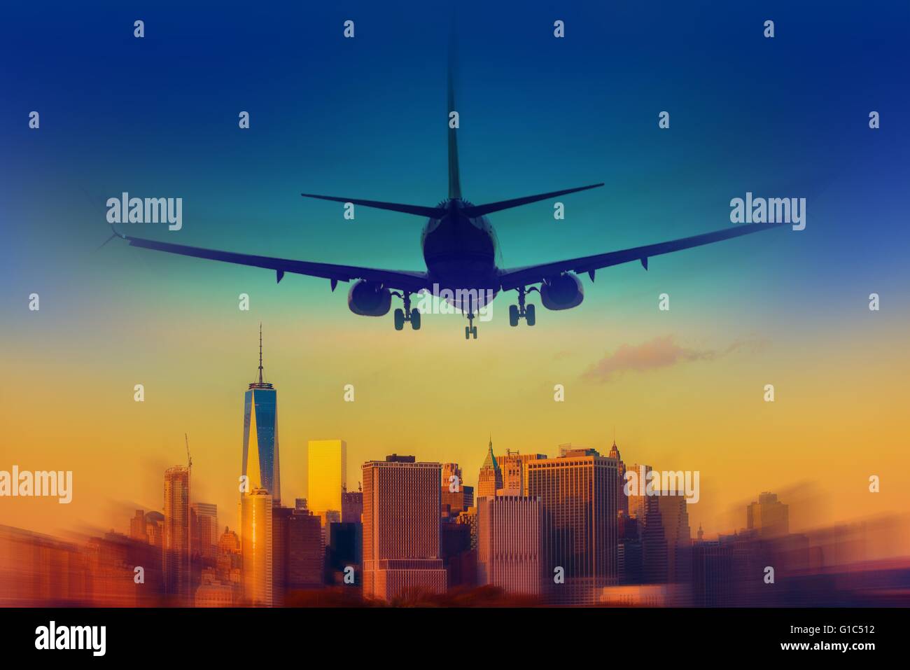 New York City Destination abstrakter Begriff. Flugzeug Landung in New York. Stockfoto