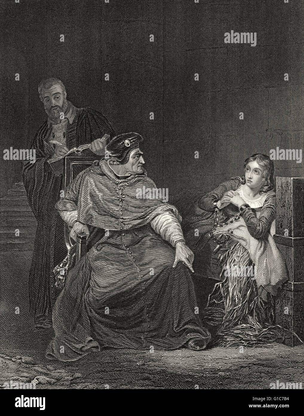 Kardinal Beaufort Verhören Joan of Arc im Gefängnis, Szene aus Henry VI, Teil 1, ein Stück Geschichte von William Shakespeare Stockfoto