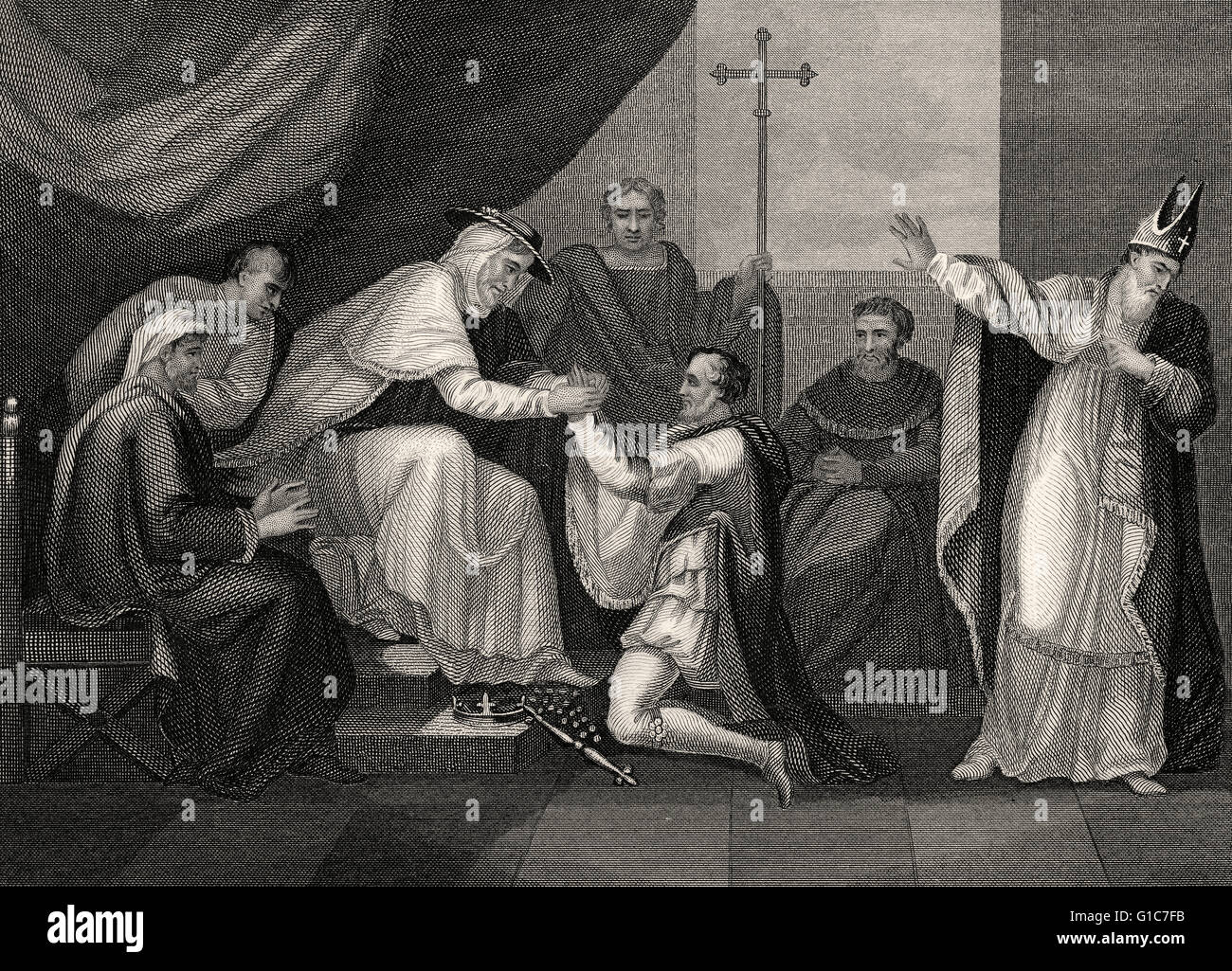 König John kniete vor der päpstlichen Legaten Kardinal Pandulf Verraccio, Schauplatz der Geschichte-Theaterstück von William Shakespeare Stockfoto