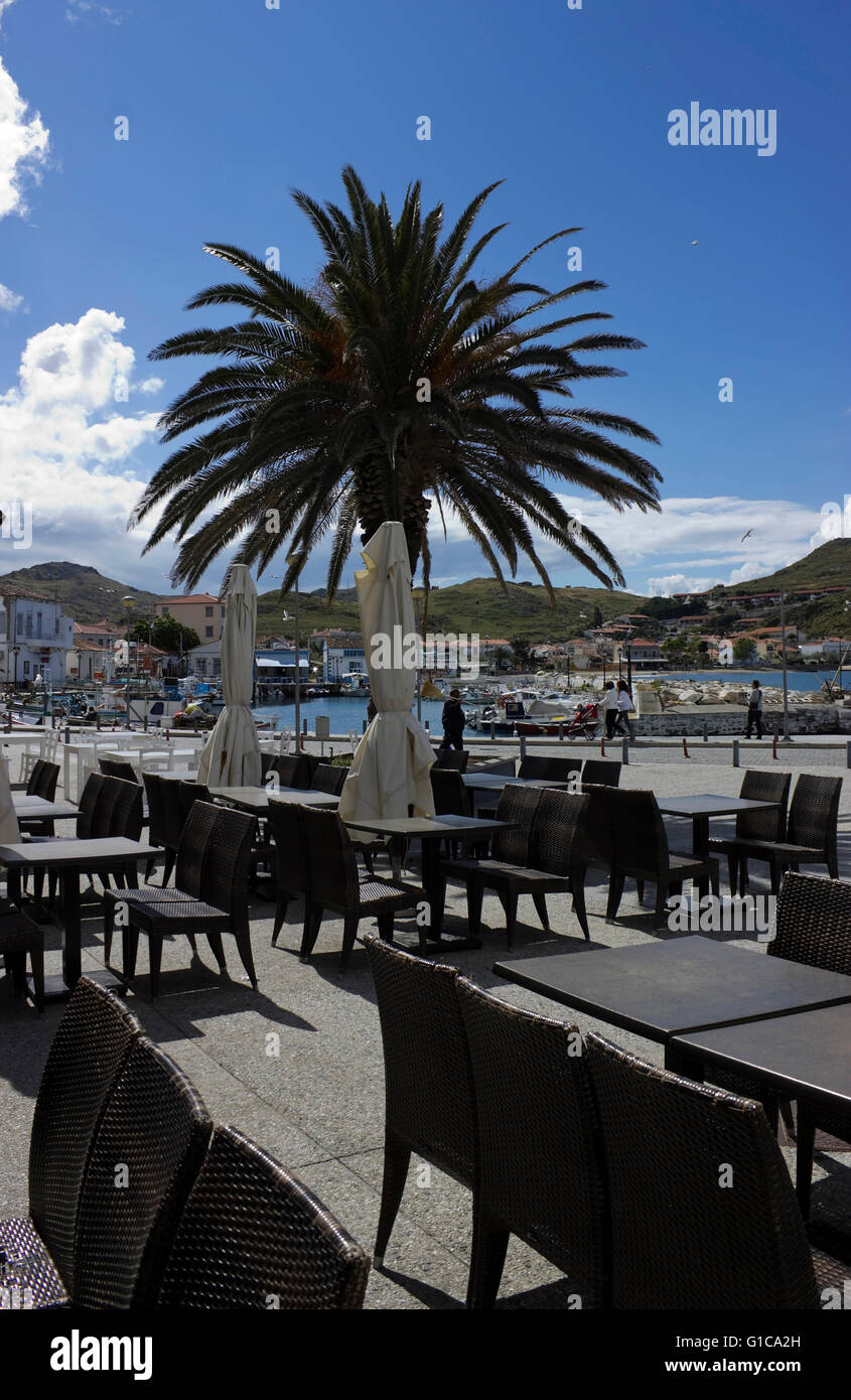 Palme und leeren Café-Restaurant Tische mit Plätzen auf dem Bürgersteig von Myrinas Hafenpromenade mit Blick auf die Stadt Kai. Stockfoto