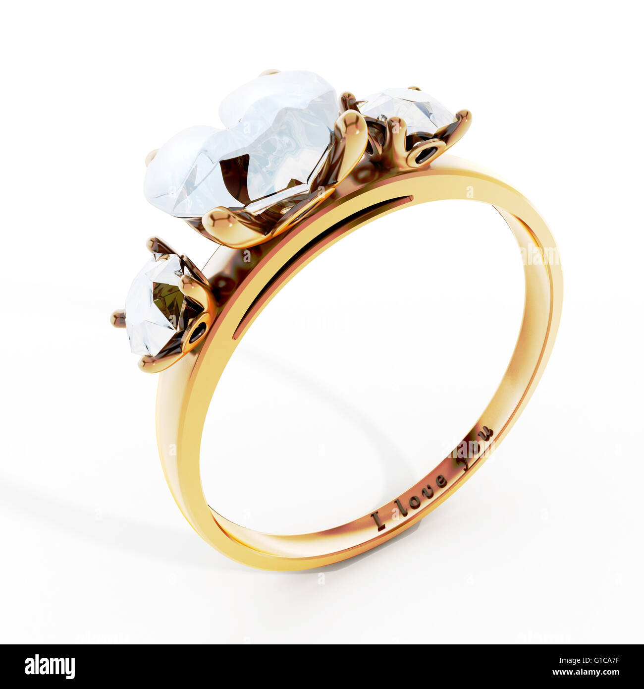 Goldene Hochzeit Ring mit Herzen geformt Diamond und ich liebe dich Text. Stockfoto