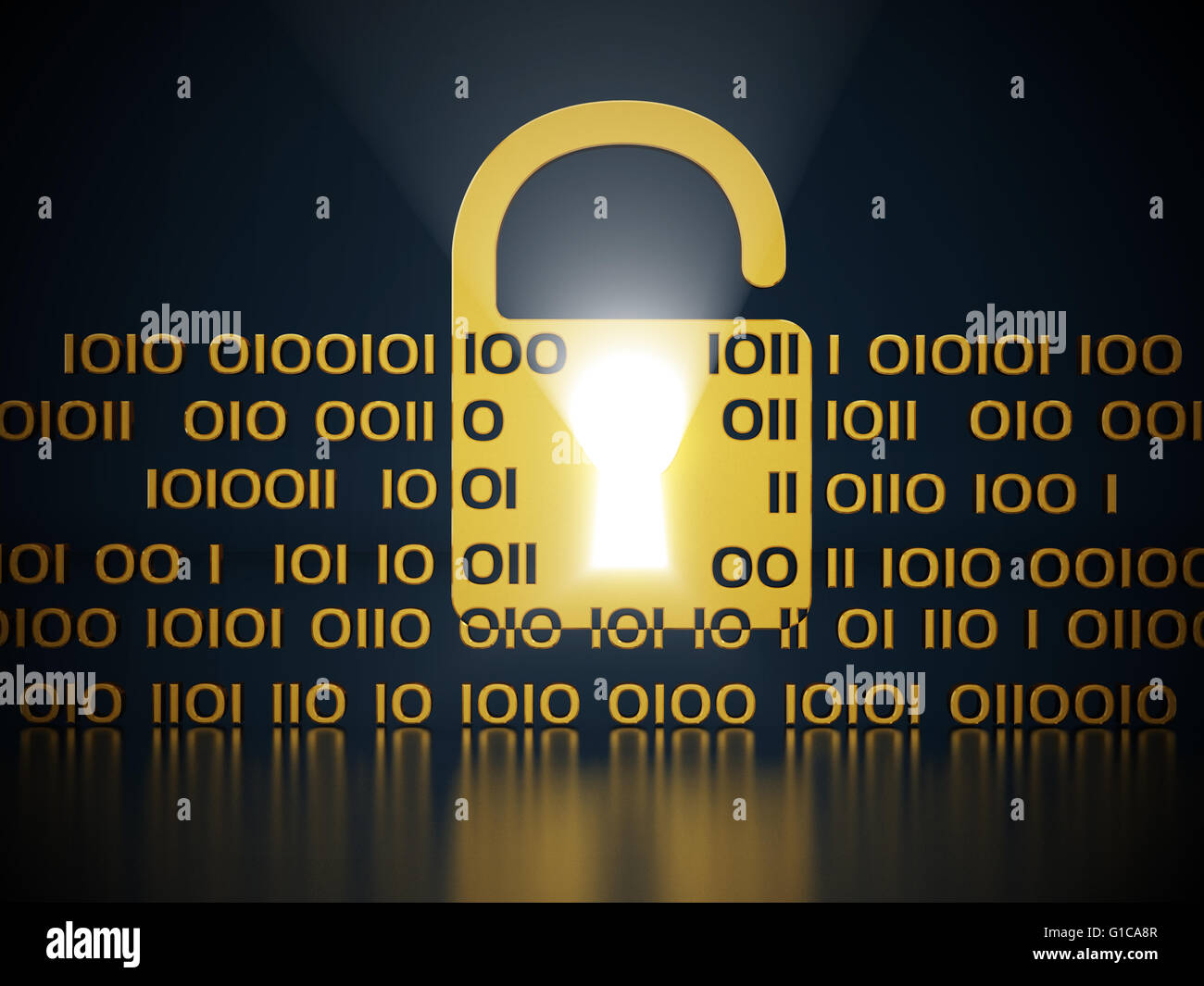 Vorhängeschloss-Symbol und Binär-Code auf schwarzem Hintergrund. Internet-Security-Konzept. Stockfoto