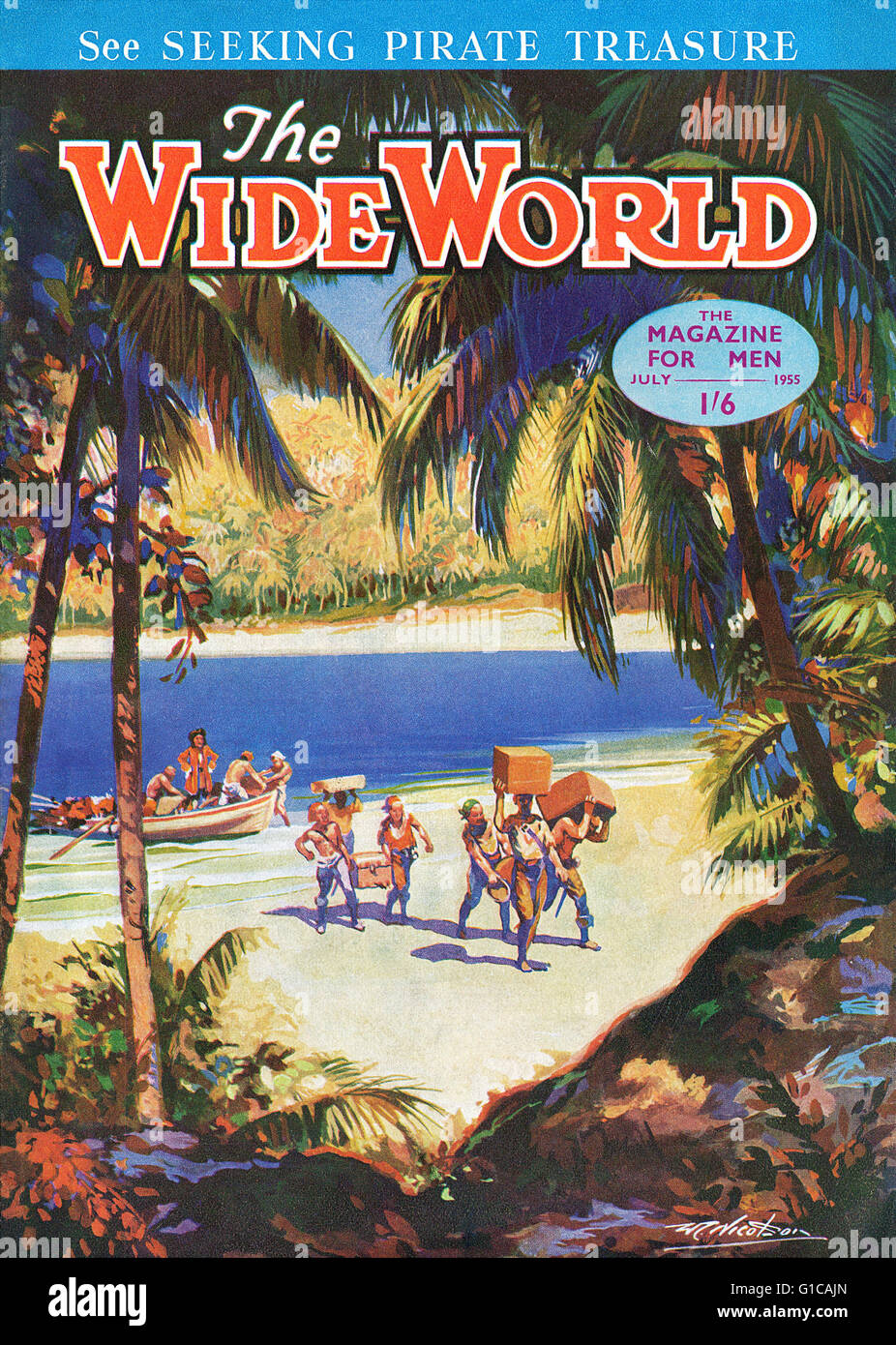 Cover von der weiten Welt Magazin ab Juli 1955 mit einer Illustration von Piraten entladen Schatz auf einer tropischen Insel Strand Stockfoto