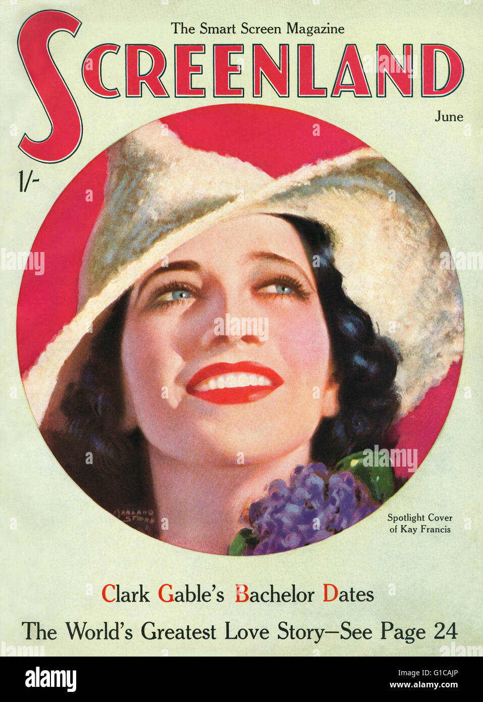 Der Juni 1936 Ausgabe des Magazins mit einem Porträt der Schauspielerin Kay Francis des Künstlers Marland Stone Screenland abdecken. Stockfoto