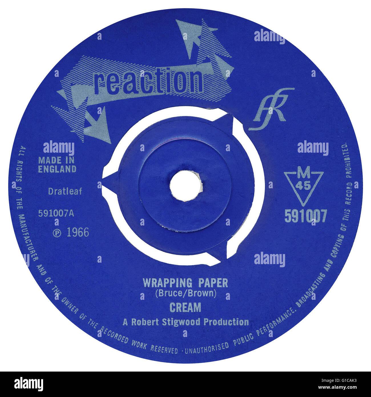 45 u/min 7' UK Plattenlabel Verpackung Papier durch Creme auf dem Etikett der Reaktion von 1966. Creme wurde Eric Clapton, Jack Bruce und Ginger Baker. Stockfoto