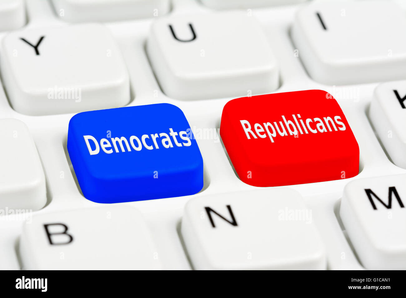 Demokraten und Republikaner Abstimmungsschaltflächen auf einer Computertastatur. Stockfoto