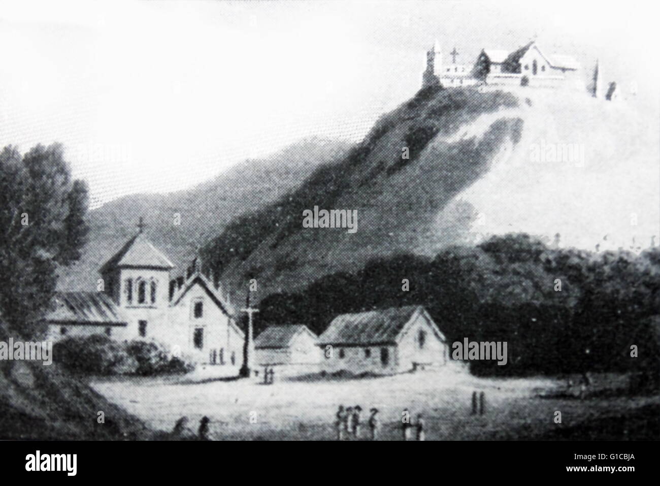 Gravur Darstellung, die alte Kirche St. Lazarus in Macao, einer kleinen Halbinsel in der Volksrepublik China über den Perlfluss-Delta aus Hong Kong. Datiert 1880 Stockfoto