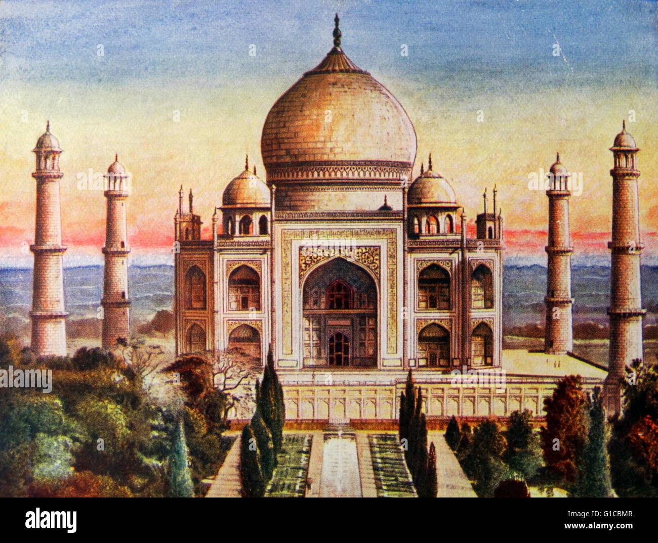 Farbe Abbildung Darstellung des Taj Mahal, einem weißen Marmor-Mausoleum befindet sich am südlichen Ufer des Flusses Yamuna in der indischen Stadt Agra. Vom 19. Jahrhundert Stockfoto