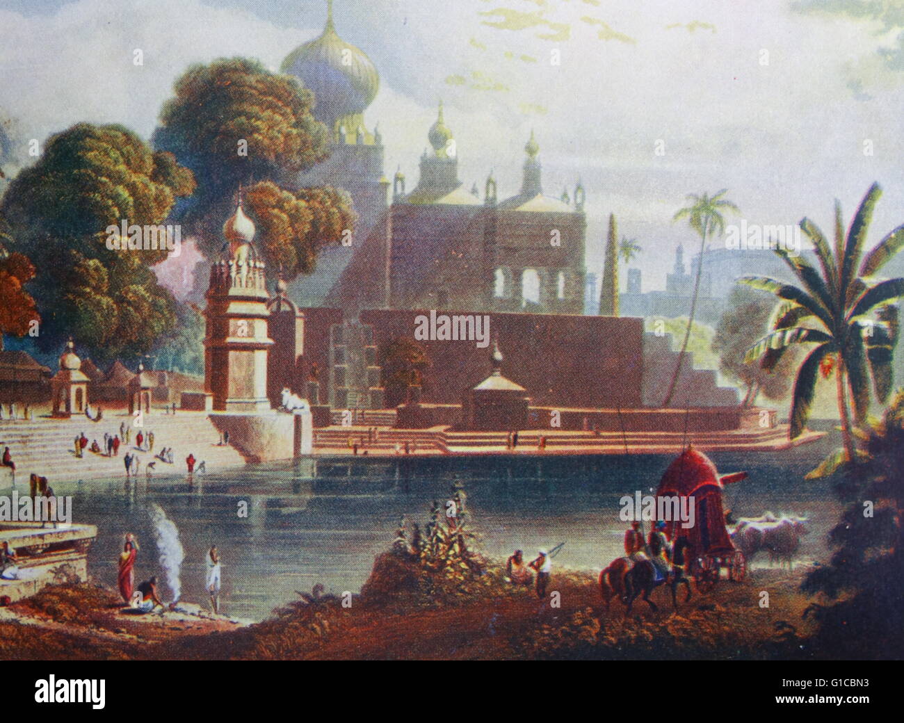 Farbige Aquatinta Darstellung der Tempel und Moscheen von Sassur, in der Nähe von Poona, im Deccan. Vom 18. Jahrhundert Stockfoto