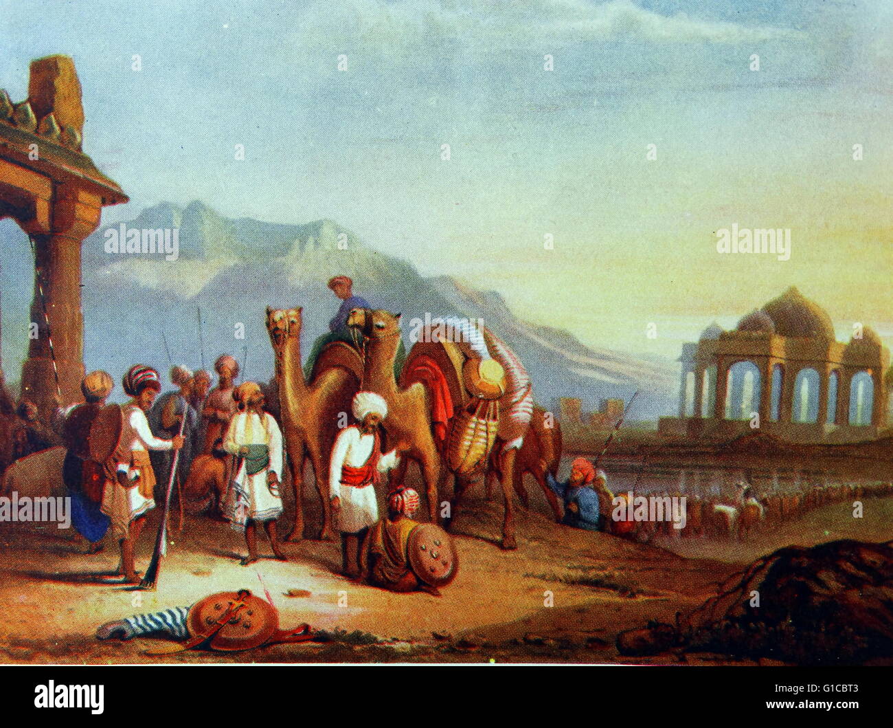 Anfang des 19. Jahrhunderts Karawane von Händlern mit Kamelen. Kathiawar in Westindien, Stockfoto